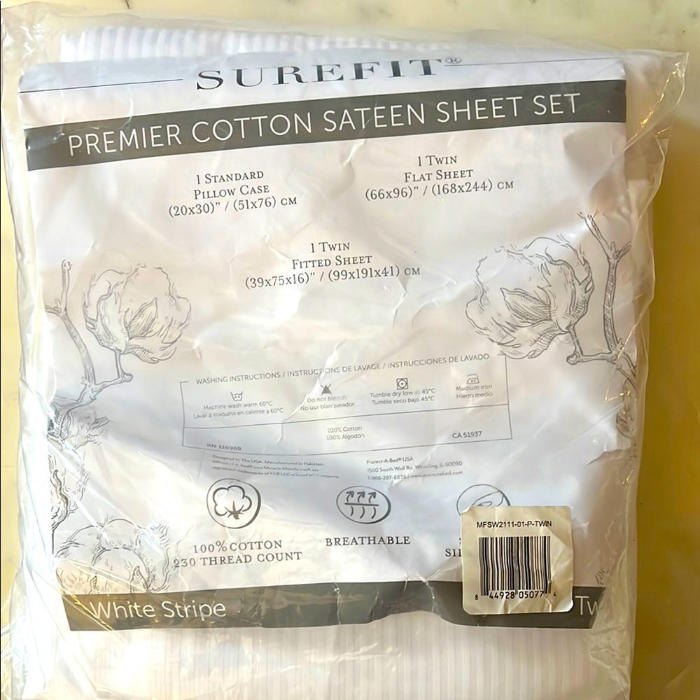 LAST CALL Sure Fit White Stripe Cotton Sateen Sheet Set